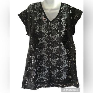 Xhilaration Swim Cover Up Size Large Black Flowers Crochet Dress Polyester
